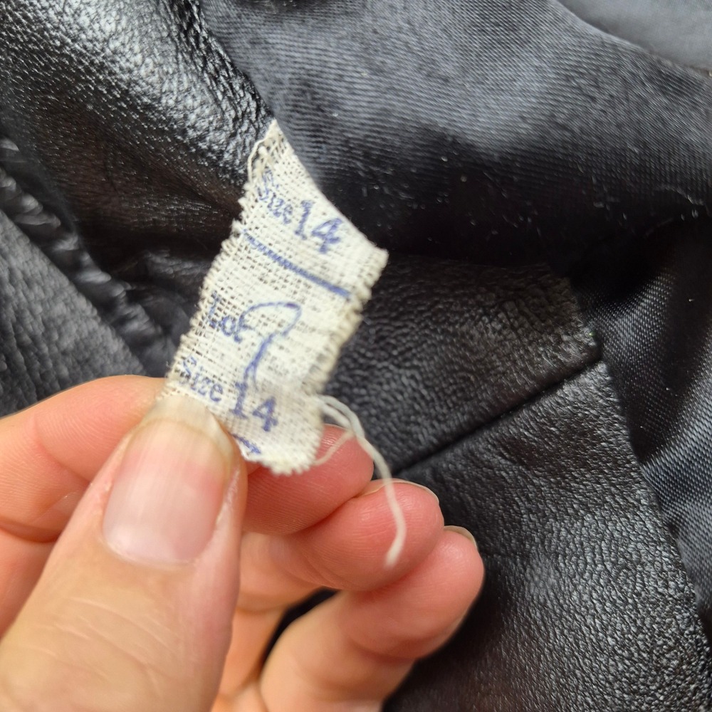 Vintage Black Leather Trench Coat Genuine Fur Collar Cuffs Size 14 Mid Length - Picture 6 of 16